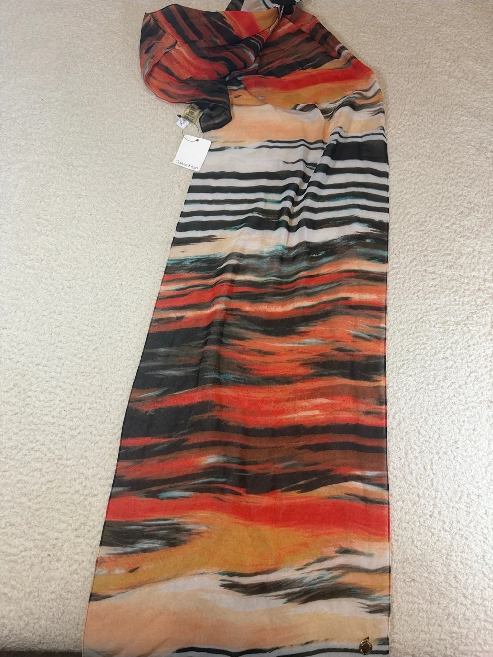 Calvin Klein Orange Red Black Striped Abstract Silk Scarf 354